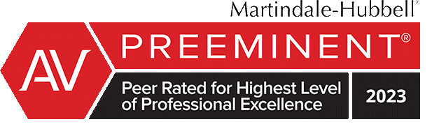 2023 Martindale-Hubbell AV Preeminent badge, indicating peer-rated recognition for the highest level of professional excellence in legal services.